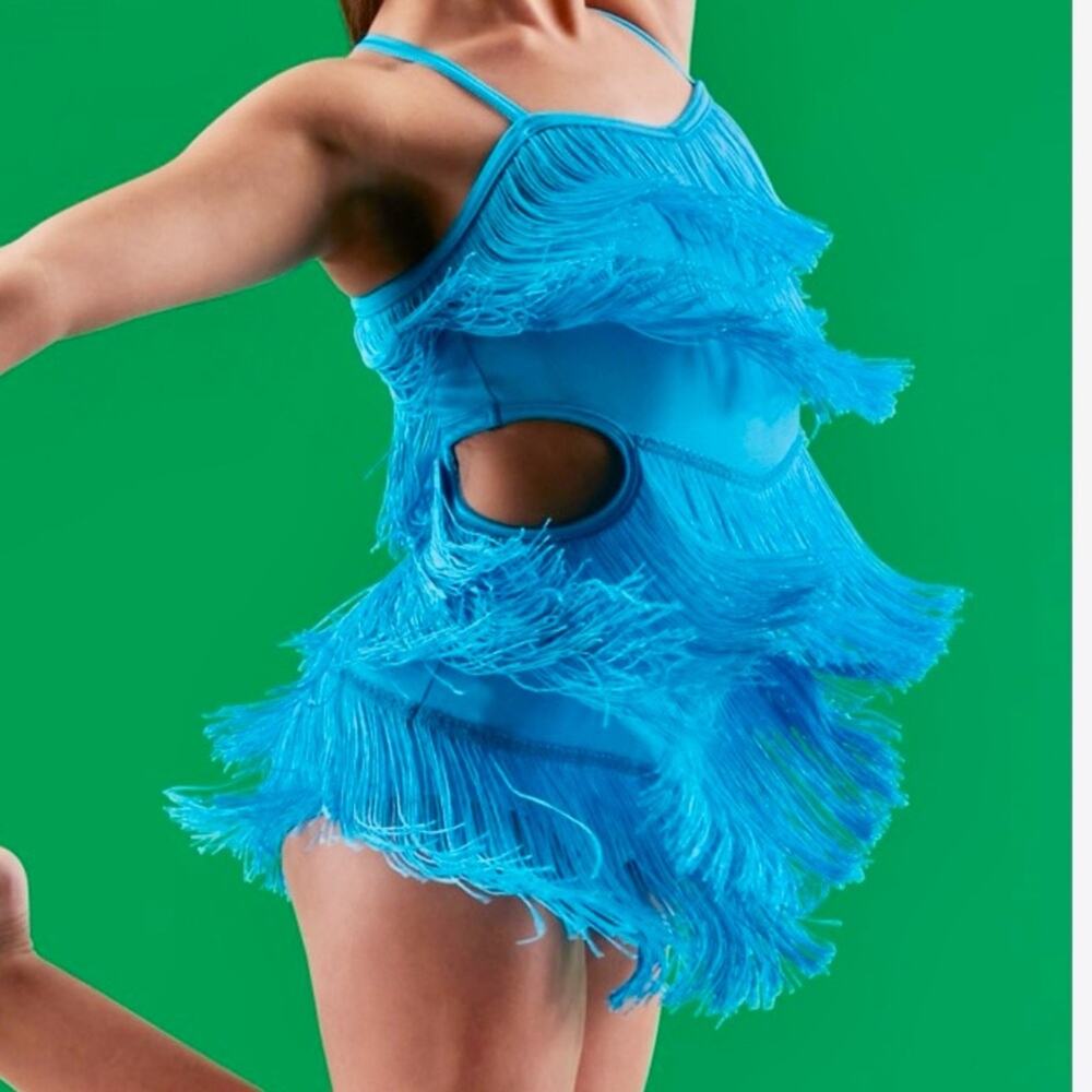 Weissman blue “see me now” cut out Fringe Dance Costume size Medium Child - Picture 4 of 10